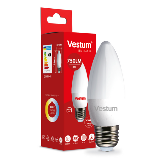 Світлодіодна лампа Vestum C37 8W 4100K 220V E27 1-VS-1309, 4100, 76