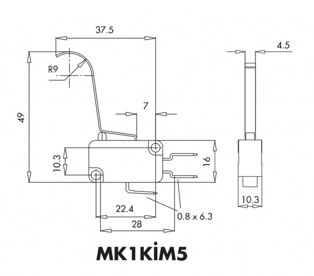 Микро-выключатель MK1KIM5 с длинным выгнутым металлическим рычагом EMAS
