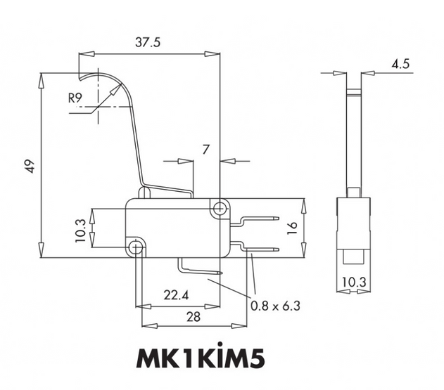 Мікро-вимикач MK1KIM5 з довгим вигнутим металевим важілем EMAS