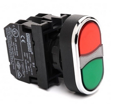 Кнопка сдвоенная B132K20KY красно-зеленая с блок-контактом подсветки без лампы (1НО+1НЗ) EMAS