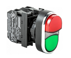 Кнопка сдвоенная B132K21KY красно-зеленая выступающая с блок-контактом подсветки без лампы (1НО+1НЗ) EMAS