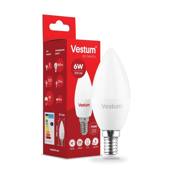 Світлодіодна лампа Vestum C37 6W 4100K 220V E14 1-VS-1303, Чорний, 1-VS-1303, 4100