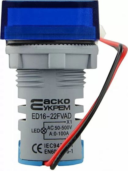 Квадратний цифровий вимірювач універсальний струму+напруги ED16-22 FVAD 0-100A, 25-500В (синій)