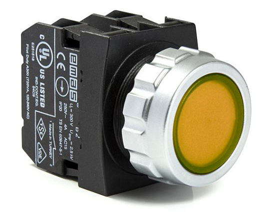 Кнопка нажимная круглая (1НО+1НЗ) желтая H102DS, EMAS