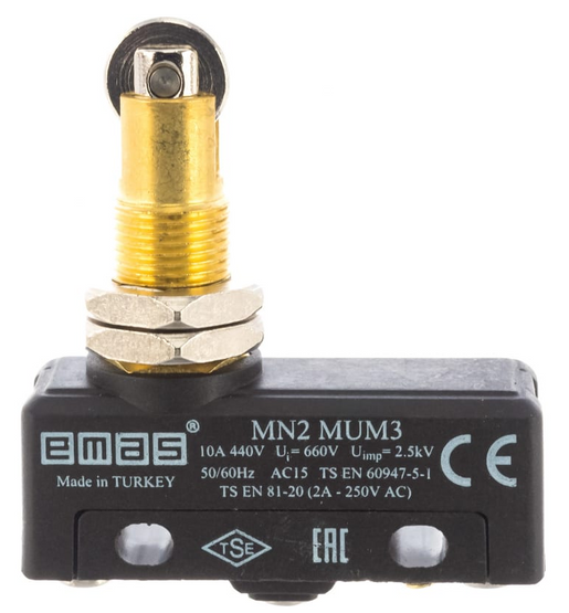 Мини-выключатель под пайку MN2MUM3 с металлическим роликом с продольной осью на стержне EMAS