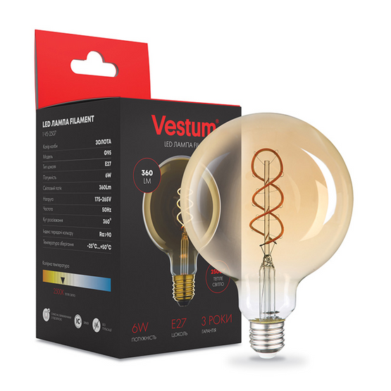 Філаментна лампа Vestum "вінтаж" golden twist G95 Е27 6Вт 220V 2500К 1-VS-2507, 1-VS-2507, 2500, 783