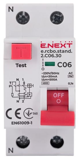 Выключатель дифференциального тока с защитой от сверхтоков e.rcbo.stand.2.C06.30, 1P+N, 6А, С, 30мА