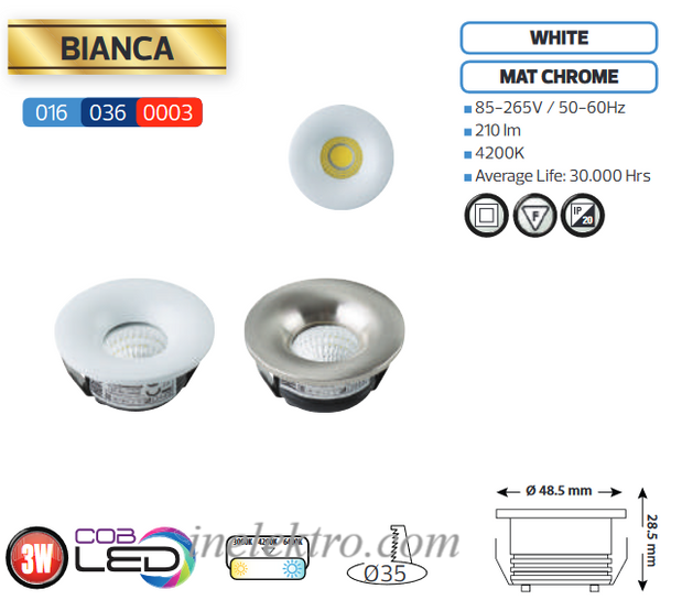 Світильник врізний круг, корпус метал d-48mm COB LED 3W білий BIANCA HOROZ, Ø35, 016-036-0003-030, 4200