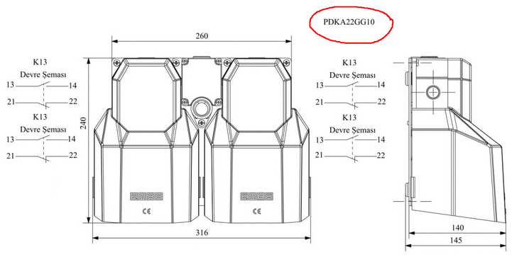 Педаль пласт PDKA22GG10 в алюмінієвому кожусі подвійна з можливістю підключення аксесу 2x(1НО+1НЗ)+2x(1НО+1НЗ) EMAS