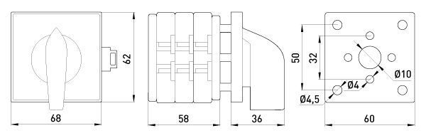 Пакетний перемикач LK63/3.323-SP/45 щитовий, на DIN - рейку, 3p, 1-0-2, 63А