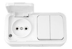 Блок вимикач 2кл + розетка з кришкою В-РЦ-655 АКВА біла IP54 Пралеска BYLECTRICA, 20125