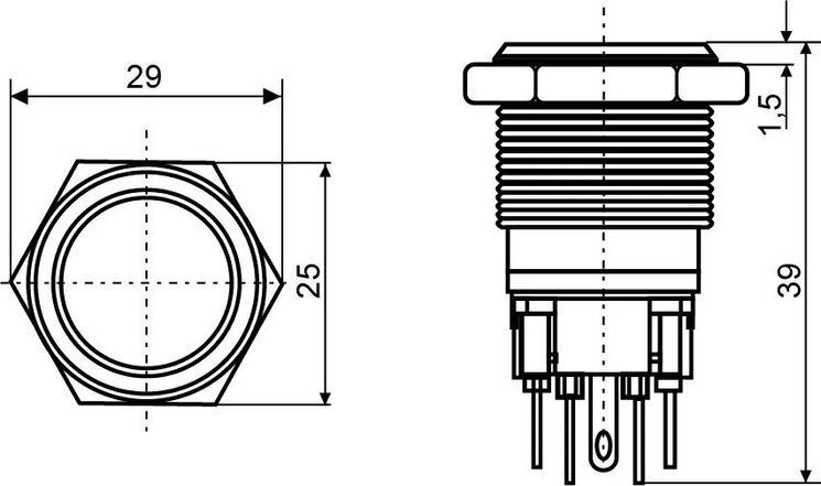 TYJ 22-271 Кнопка металева пласка з підсвічуванням, 1NO+1NC, зелена 24V.