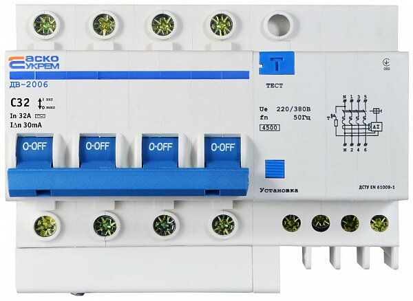 Диференційний вимикач ДВ-2006 4p 32А 30мА АСКО