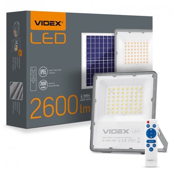 LED прожектор 30W 5000K на солнечных батареях VIDEX с пультом, 25743, 13.06.2024, 5000