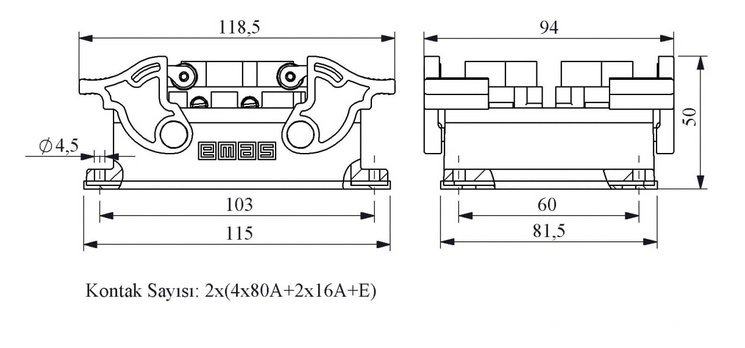 Корпус EBM812PM44 с розеткой 2х(4х80А + 2х16А) 4-х роликом фиксатором (монтаж на перегородке нижний ввод) EMAS