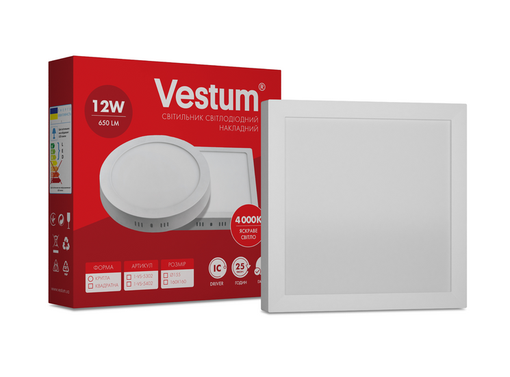 Квадратний світлодіодний накладний світильник Vestum12W 4000K 220V 1-VS-5402, 1-VS-5402, 4000, 1000