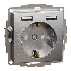 Розетка с заземлением + 2 USB тип А Матовый алюминий Sedna Elements