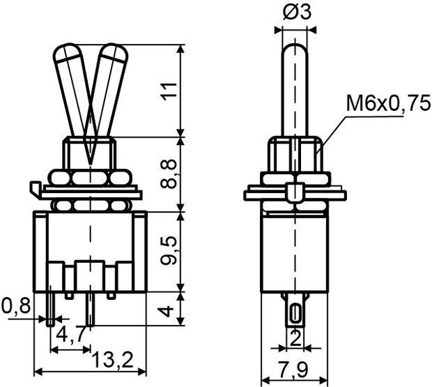 Тумблер MTS-101 ON-OFF 2Пол. *2Конт., 13621