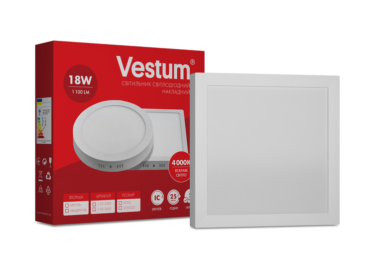 Квадратний світлодіодний накладний світильник Vestum 18W 4000K 220V 1-VS-5403, 1-VS-5403, 4000, 176