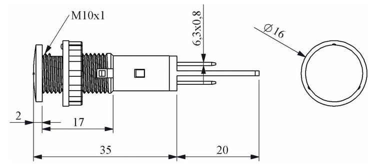 S102K Сигнальна арматура 10мм із затисками MS 6.3х0.8мм; неонова лампа 220В червона EMAS