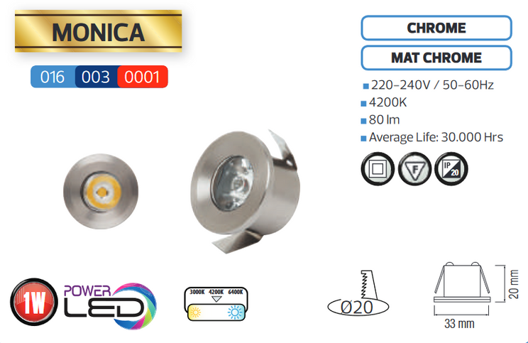 Світильник врізний круг d-33mm POWER LED 1W мат.хромMONICA HOROZ, Ø20, 016-003-0001-060, 4200
