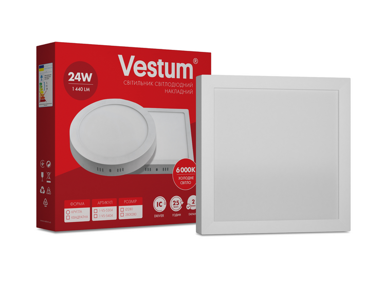 Квадратний світлодіодний накладний світильник Vestum 24W 6000K 220V 1-VS-5404, 1-VS-5404, 6000, 183