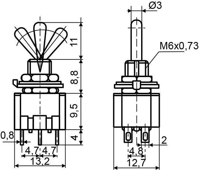 Тумблер MTS-103 ON-OFF-ON 3Пол. *3Конт.
