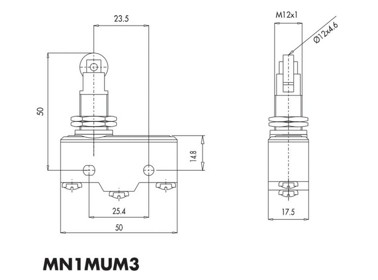 Міні-вимикач MN1MUM3 з металевим роликом на продольній вісі на стрижні EMAS