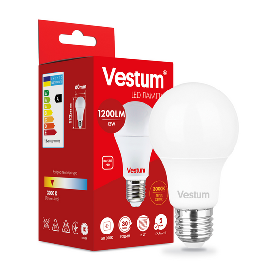 Світлодіодна лампа Vestum A60 12W 3000K 220V E27 1-VS-1104, 3000, 1000