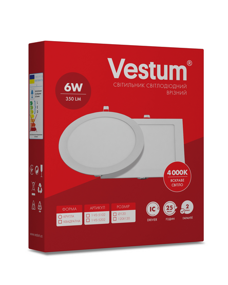Круглий світлодіодний врізний світильник Vestum 6W 4000K 220V 1-VS-5102, &Oslash;105, 1-VS-5102, 4000, 644