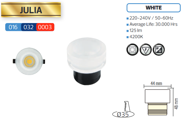 Світильник врізний круг,корпус метал d-44mm ip 20 COB LED 3W 4200K 125Lm, колір - білий (220-240v) JULIA HOROZ, Ø35, 016-032-0003-010, 4200