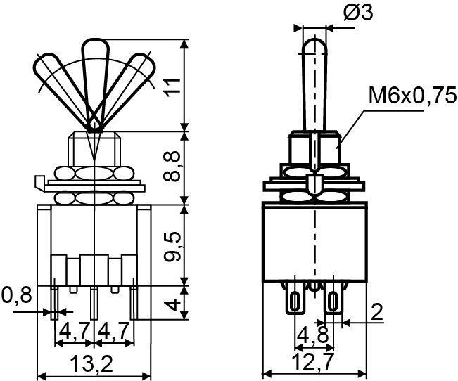 Тумблер MTS-202 ON-ON 2Пол. *6Конт.