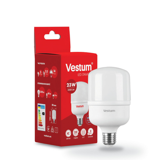Світлодіодна високопотужна лампа Vestum T80 23W 6500K 220V E27 1-VS-1601, 6500