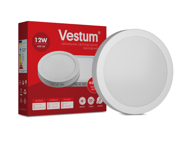 Круглий світлодіодний накладний світильник Vestum 12W 4000K 220V 1-VS-5302, 1-VS-5302, 4000, 128