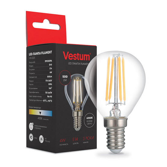 Світлодіодна філаментна лампа Vestum G45 Е14 4Вт 220V 4100К 1-VS-2225, 4100, 621