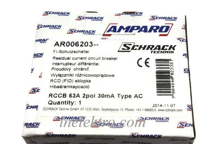 AR006203--, ПЗВ 63А 2п 10кА/30мА АС Schrack пристрій захисного відключення