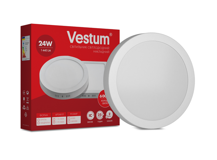 Круглий світлодіодний накладний світильник Vestum 24W 6000K 220V 1-VS-5304, 1-VS-5304, 6000