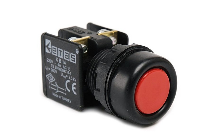 Кнопка керування KB14RK нажимна з водозахисним кільцем (1НО+1НЗ) червона EMAS