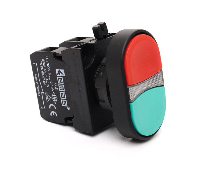 Кнопка CP102K20KY сдвоенная красно-зеленая (1НО+1НЗ) - пластик IP65 EMAS
