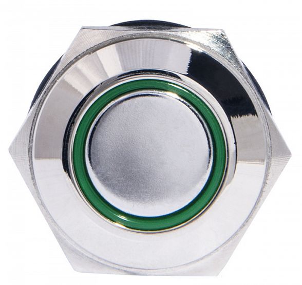 TYJ 16-362 Кнопка металева пласка з фіксац. 2NO+2NC, з підсвічуванням, зелена 220V.