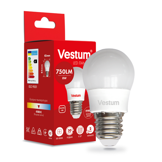 Світлодіодна лампа Vestum G45 8W 4100K 220V E27 1-VS-1209, 4100, 729