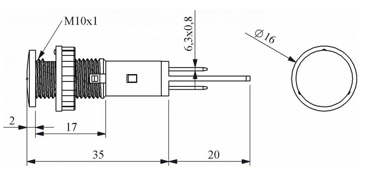 S102B Сигнальна арматура 10мм із затисками MS 6.3х0.8мм; неонова лампа 220В біла, EMAS
