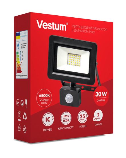 Світлодіодний прожектор з датчиком руху Vestum 30W 2 900Лм 6500K 175-250V IP65 1-VS-3011, 1-VS-3011, 6500