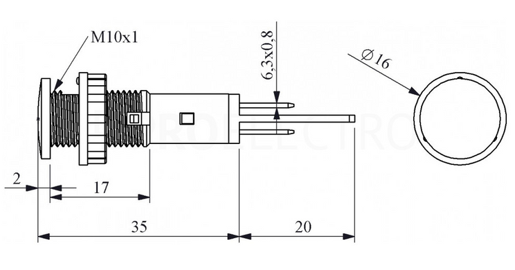S102Y Сигнальна арматура 10мм із затисками MS 6.3х0.8мм; неонова лампа 220В зелена, EMAS