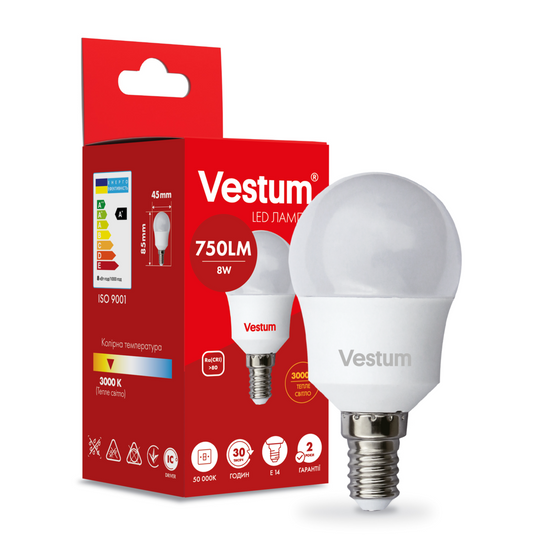 Світлодіодна лампа Vestum G45 8W 3000K 220V E14 1-VS-1212, 3000, 768