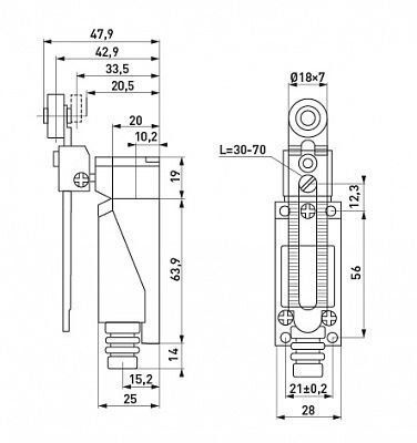 Выключатель концевой e.limitswitch.03, 5А, 1NO+1NC, рычаг с роликом регулируемый по длине