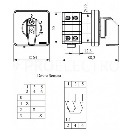 Кулачковий перемикач PSA032KS133S 3-ступінчастий 1-полюсний (0-1-2-3) 32А EMAS