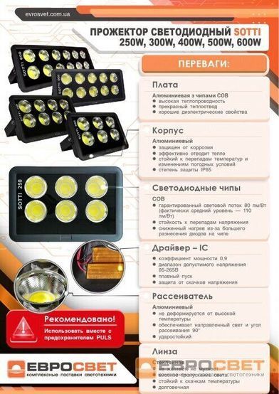 Прожектор светодиодный 300Вт SOTTI-300 6400К IP65, 000055275, 6400