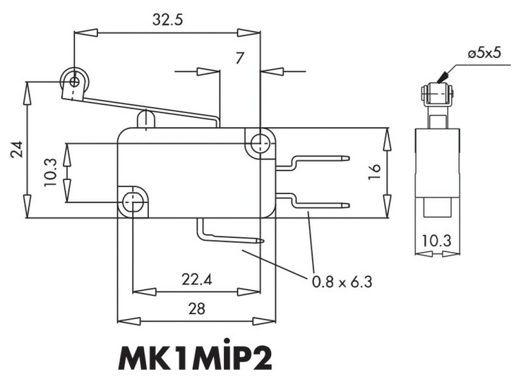 Микро-выключатель MK1MIP2 з пластиковым роликом на среднем металлическом рычаге EMAS