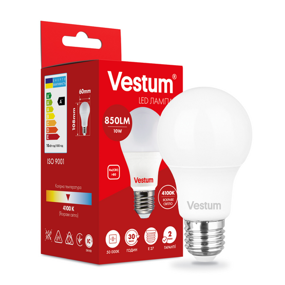 Світлодіодна лампа Vestum A60 10W 4100K 220V E27 1-VS-1105, Білий, 1-VS-1105, 4100